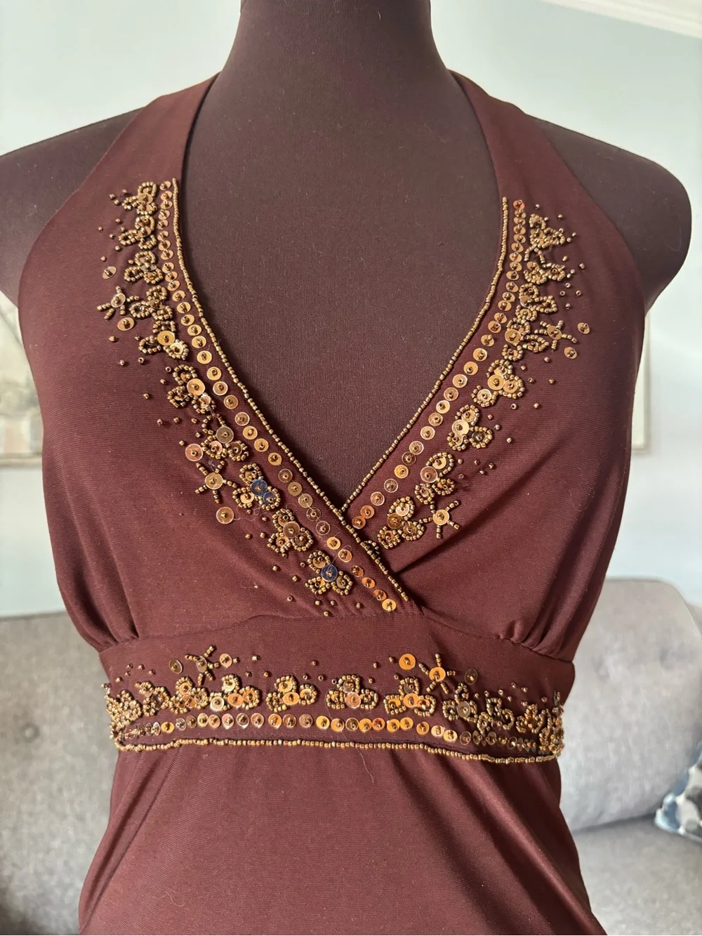Vintage Brown Halter Tank Top with Gold Embellishment - Picture 5 of 6